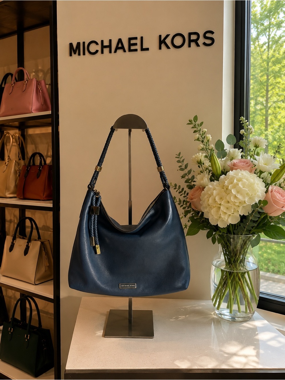 Michael Kors Navy Leather Hobo with Braided Strap